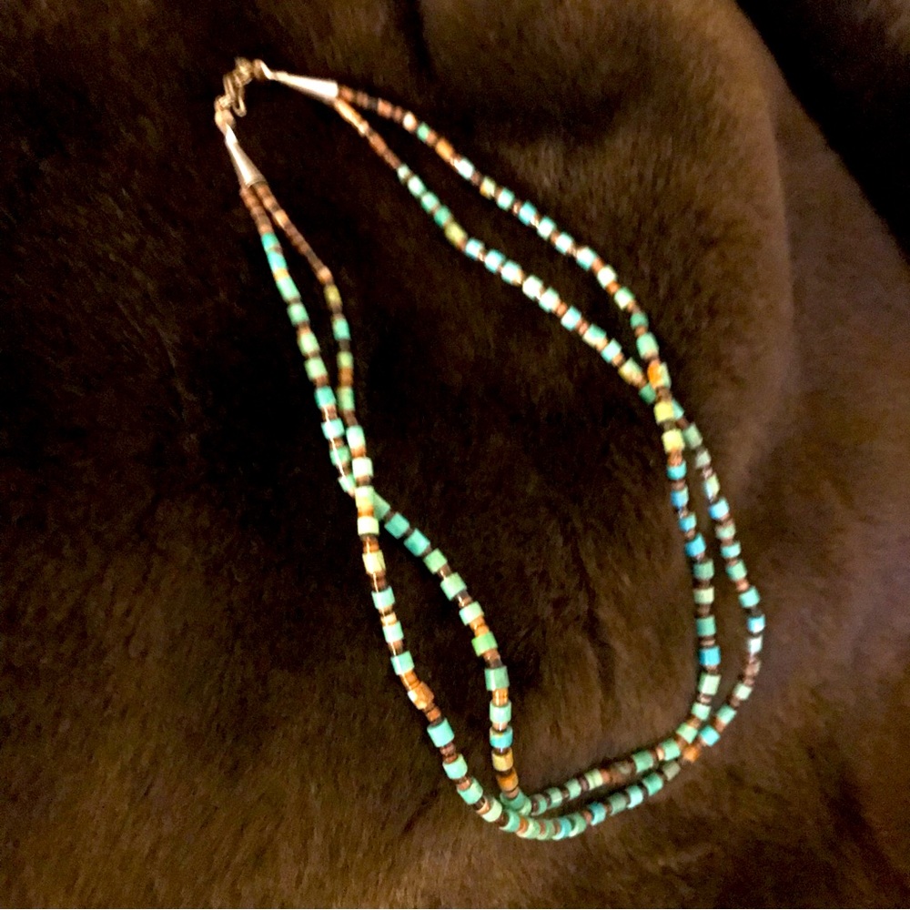 Navajo double strand Heishe and turquoise necklace with sterling clasp